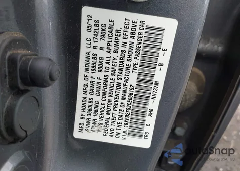 2012 Honda Civic Lx из США, поврежденный, VIN 19XFB2F52CE066192